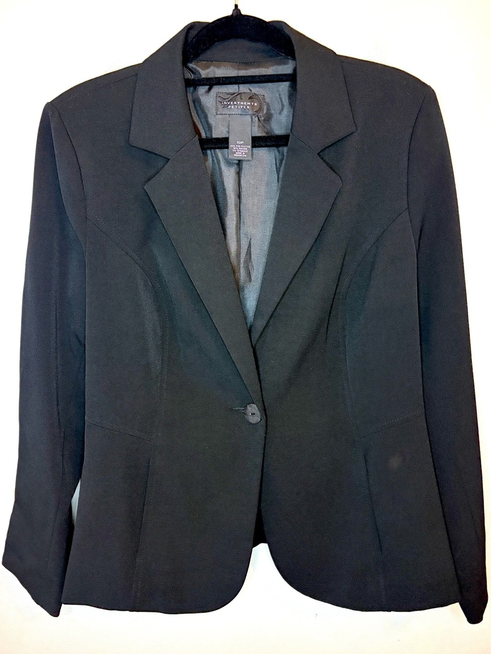 Investments Petites Black Blazer 10P One Button Stretch Career Jacket